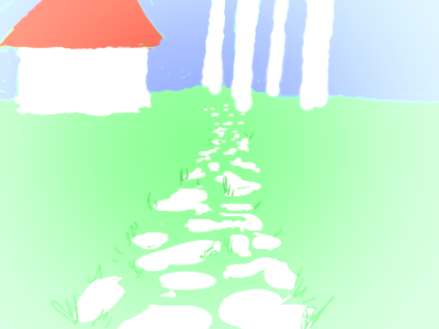 A simple drawing of a white
                                             glowing cobblestone footpath
                                             leeding to a white building
                                             with a red red roof, there's
                                             also four white pillars next 
                                             to the building. The whole 
                                             image is glowy and pale.