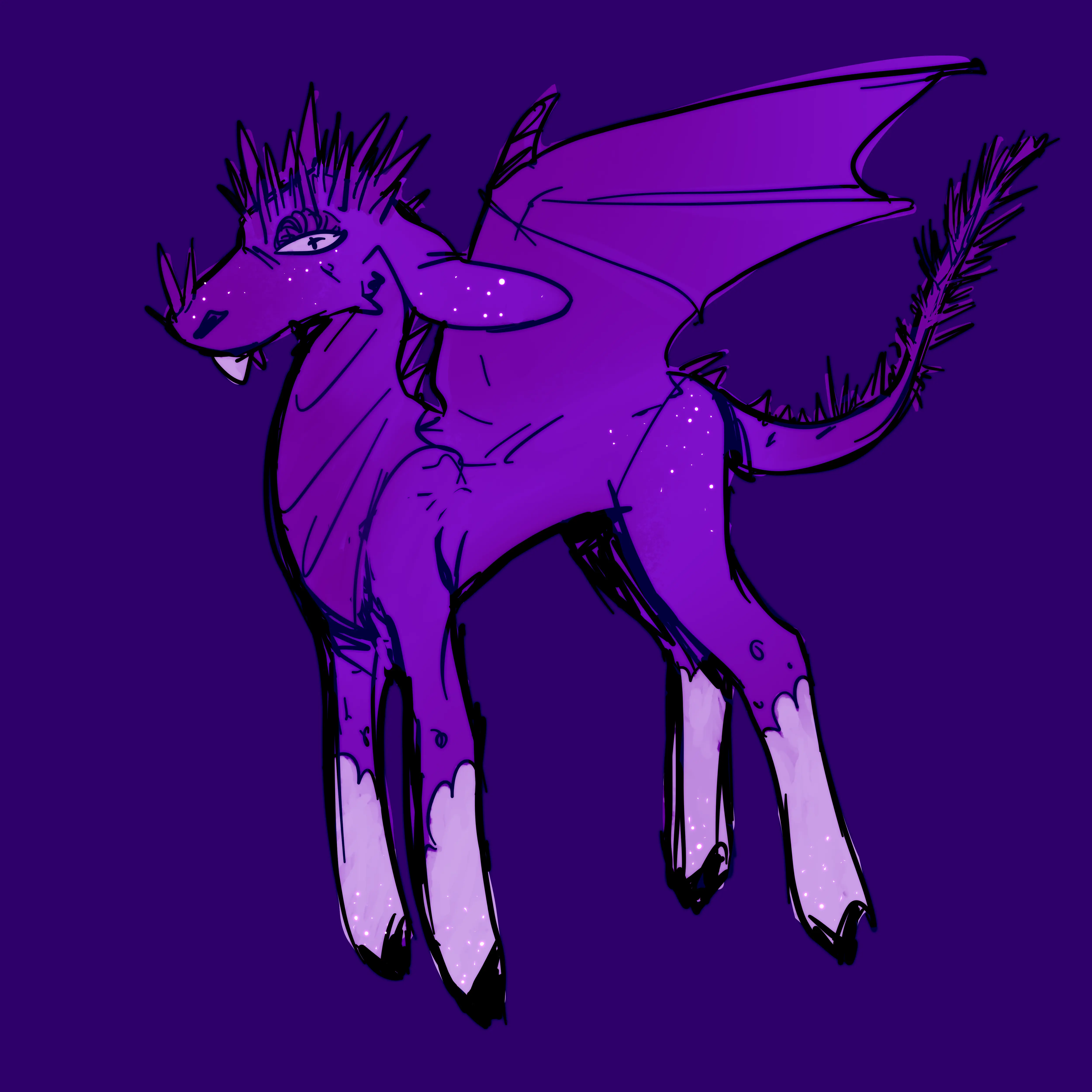 my dragon character Mora standing with a plain purple
                        background,  her tongue is poking out